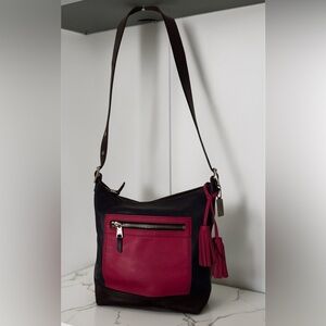 COACH LEGACY COLORBLOCK SHOULDER CROSSBODY BAG BUCKLE STRAP NAVY BROWN FUSCHIA